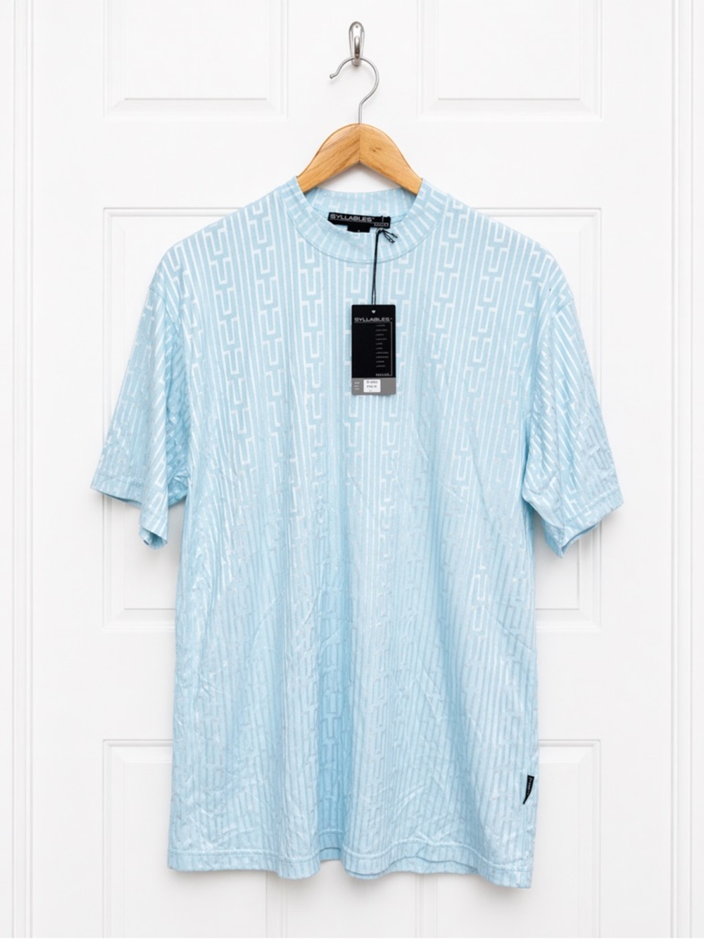 Syllables NWT Light Blue Geometric Jacquard Mock Neck T-Shirt Mens Large